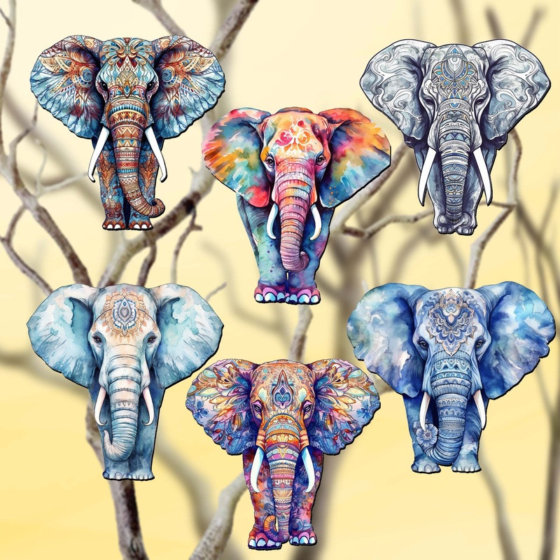 Elephants Decorative Wooden Clip-on Ornaments Set of 6 by G. Debrekht – Christmas Decor – 8090036C-S6