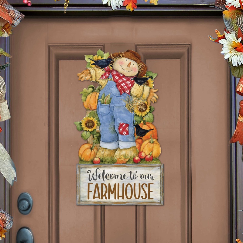 Farmhouse Door Hanger Fall Decoration Harvest Scarecrow Welcome Sign – Handmade Gift Autumn Adornment by Susan Winget – 8471211-2H-SW