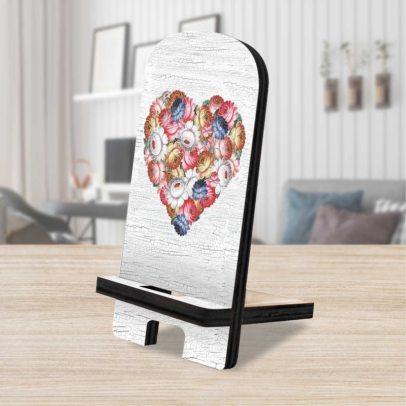 Flowers Heart Decor Cell Phone Stand Wood Mobile Tablet Holder Charging Station Organizer – 892036