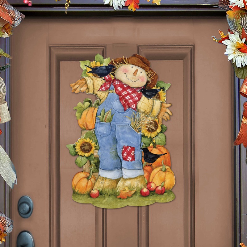 Front Door Fall Decoration Harvest Scarecrow Sign – Cornucopia – Rustic Handmade Gift Autumn Adornment by Susan Winget – 8471211H-SW