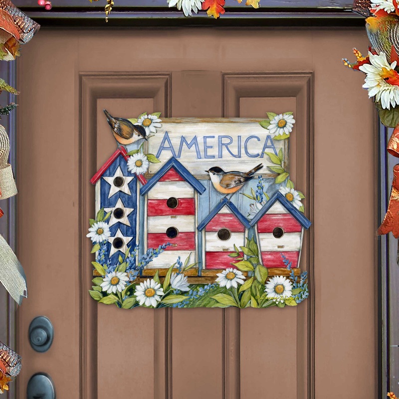 Front Door Patriotic Decoration American Red and White Birdhouse Welcome Sign – Handmade Gift Rustic Adornment by Susan Winget for Wooden Front Porch Decor – 8471213H-SW