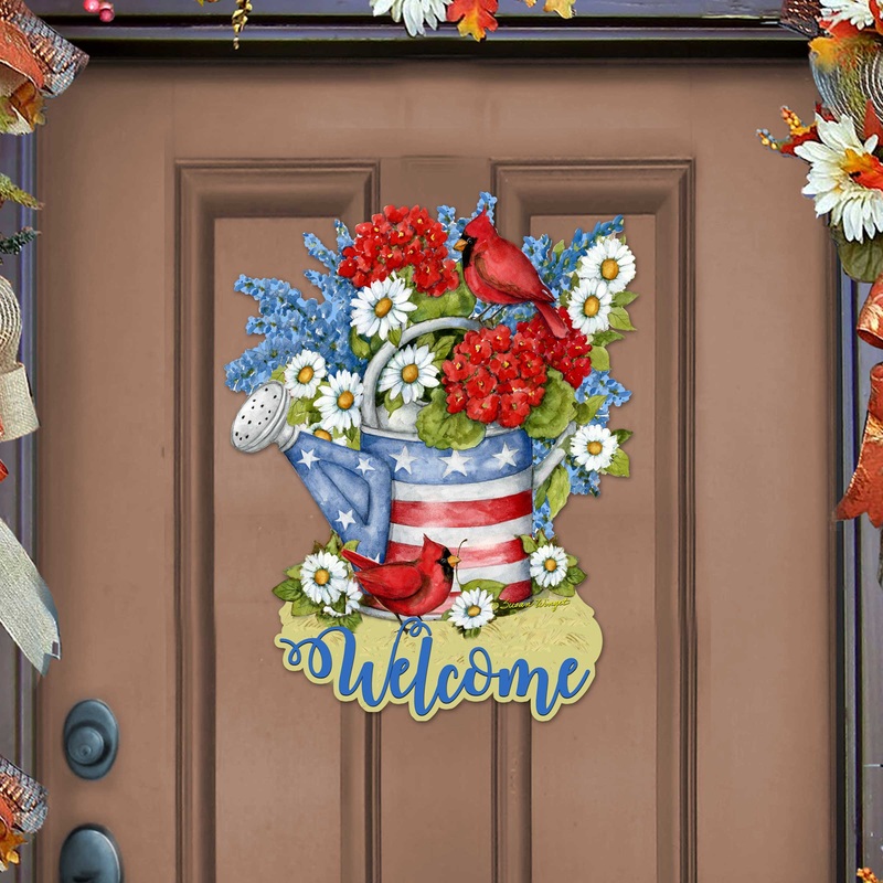 Front Door Patriotic Decoration American Watering Can Flowerpot Welcome Sign – Handmade Gift Rustic Adornment by Susan Winget – Wooden Front Porch Decor – 8471212H-SW