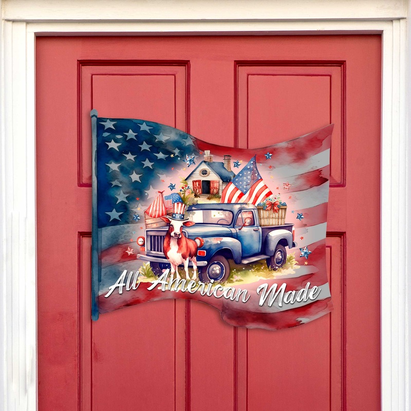 Front door welcome sign American Car flag United we stand All American Made Front porch Patriotic wreath Main entrance banner Red and White Welcome sign – Wooden front porch decor – 933109H