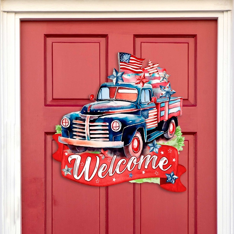 Front door welcome sign American Car United we stand Front porch Patriotic wreath Main entrance banner Red and White Welcome sign – Wooden front porch decor – 933108H