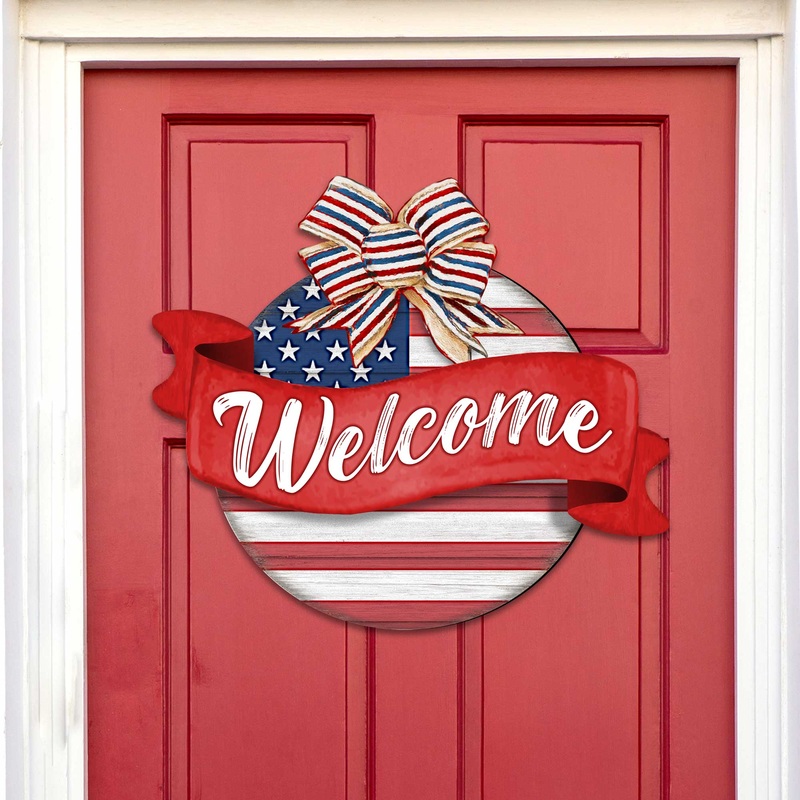 Front door welcome sign American flag porch wreath Main entrance banner Welcome sign – Wooden front porch decor – 933103H