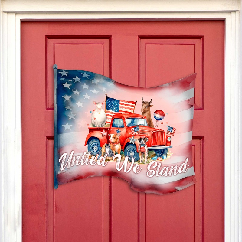 Front door welcome sign American flag United we stand Front porch Patriotic wreath Main entrance banner Welcome sign – Wooden front porch decor – 933106H