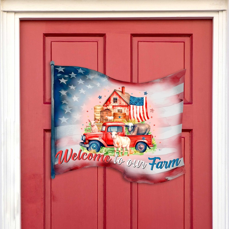 Front door welcome sign American flag Welcome to Our Farm Front porch Patriotic wreath Farm front entrance banner Welcome sign – Wooden front porch decor – 933107H