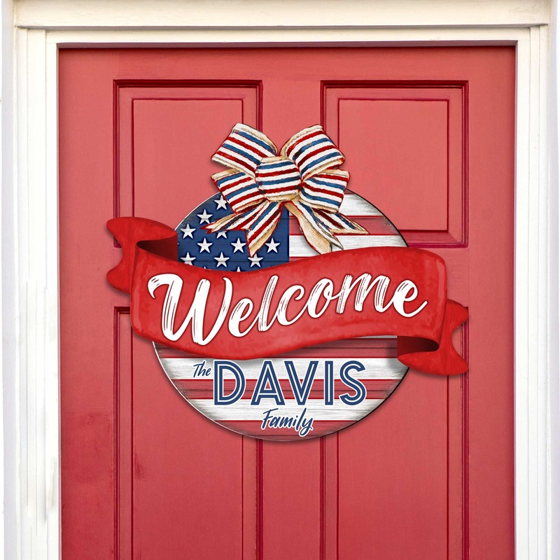 Front door welcome sign Custom name American flag porch wreath Main entrance Family Welcome sign – Wooden front porch decor – 933103HC