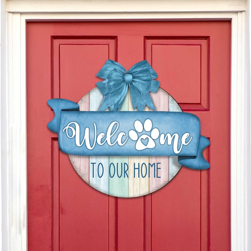 Front door welcome sign Dog lover porch wreath Main entrance Welcome sign – Wooden front porch decor – 933102H