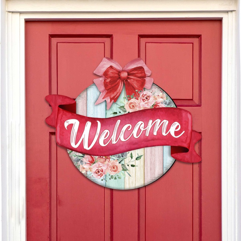 Front door welcome sign Floral porch wreath Main entrance welcome sign – Wooden front porch decor – 933101H