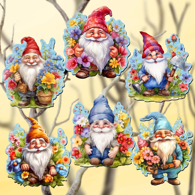 Garden Gnomes Decorative Wooden Clip-on Ornaments Set of 6 by G. Debrekht – Christmas Decor – 8090030C-S6