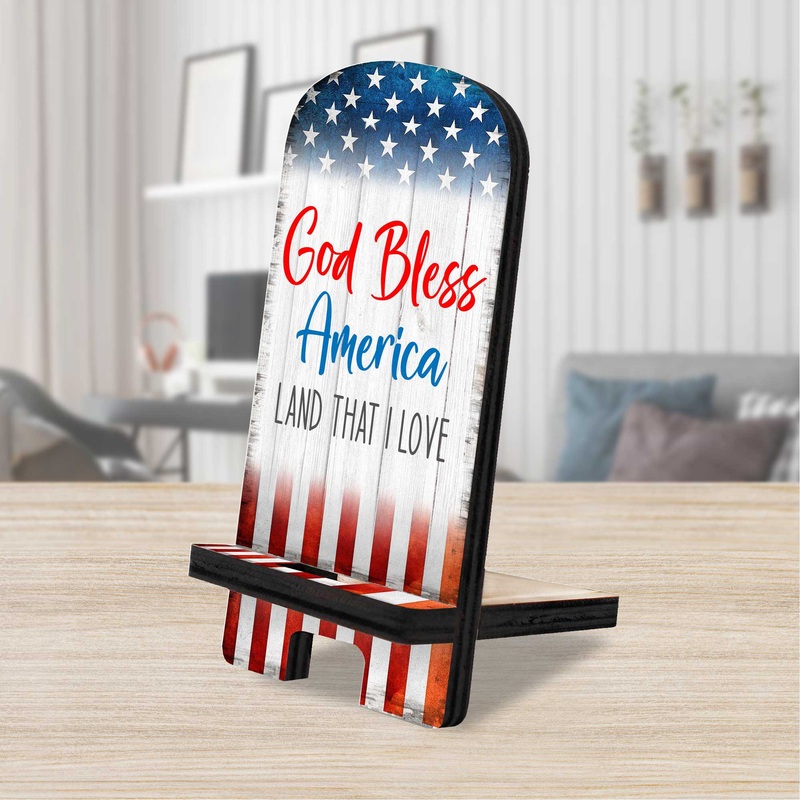 God Bless America Cell Phone Stand Wood Mobile Tablet Holder Charging Station Organizer – 892073