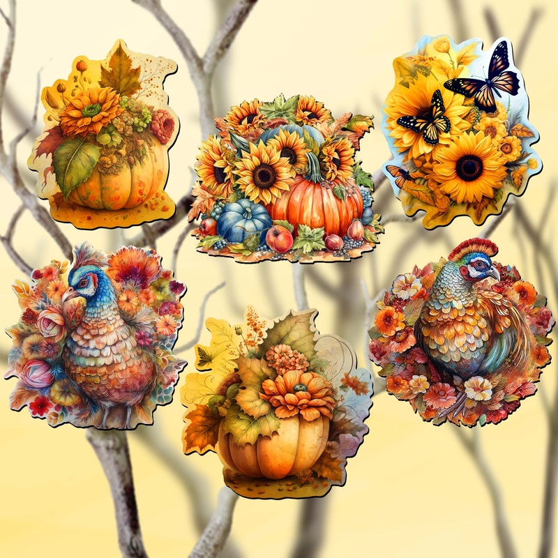 Happy Thanksgiving Decorative Wooden Clip-on Ornaments of 6 by G. Debrekht – Thanksgiving Decor – 8090018C-S6