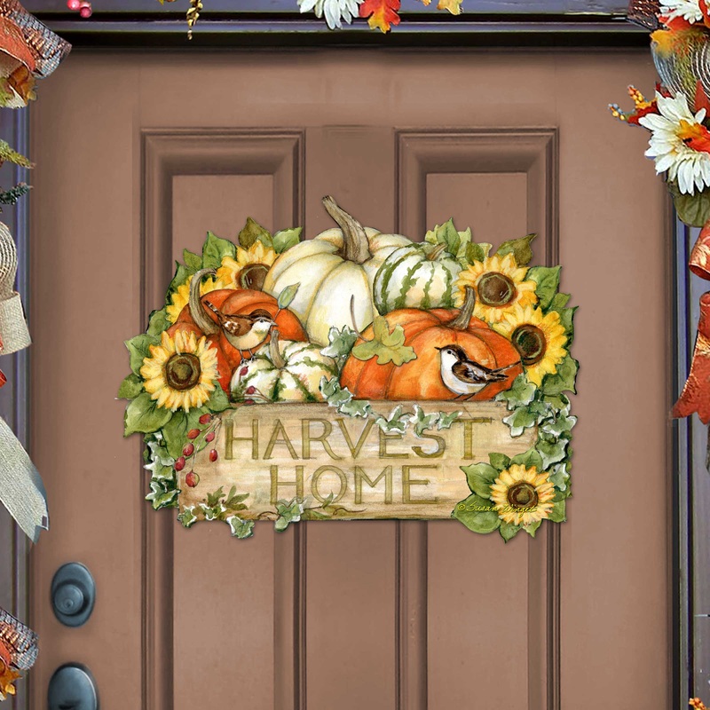 Harvest Welcome Sign – Fall Decoration Cornucopia Door Decor Handmade Gift by Susan Winget Autumn Porch Decor – 8471210H-SW