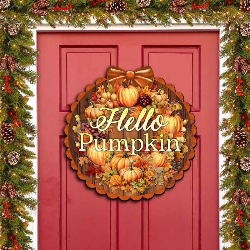 Hello Pumpkin Front Door Welcome Sign, Wooden Front Porch Decor by G. Debrekht Thanksgiving Halloween Decor – 933120H