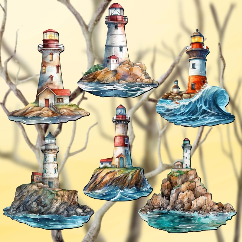Lighthouse Decorative Wooden Clip-on Ornaments Set of 6 by G. Debrekht – Coastal Decor – 8090022C-S6