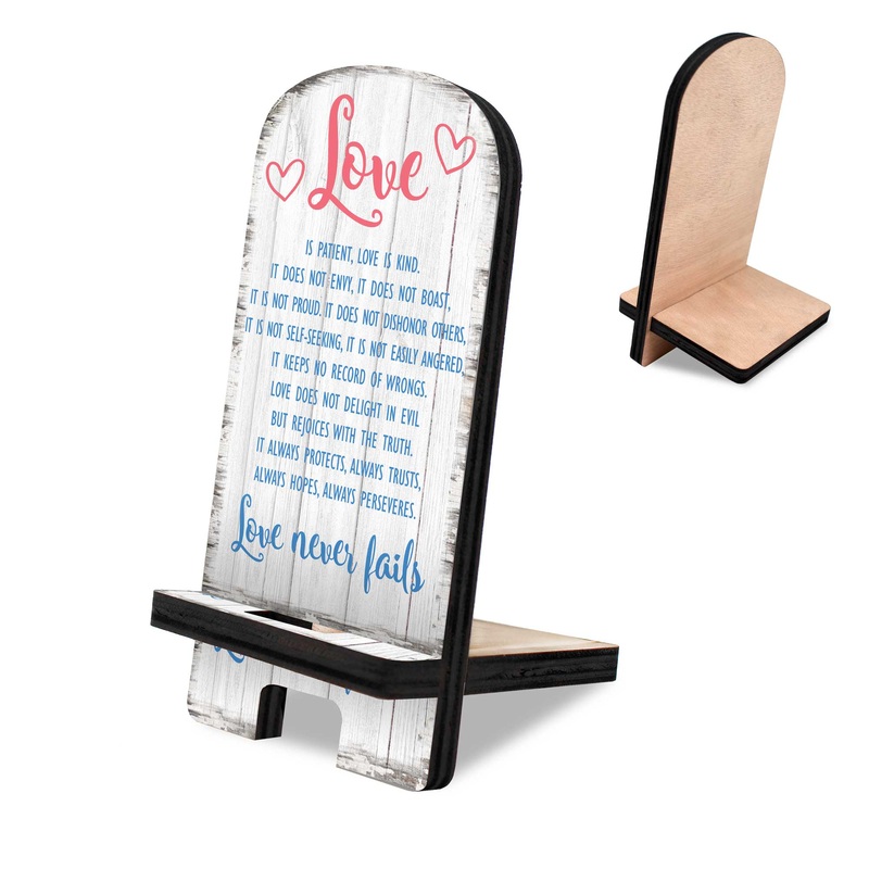 Love Never Fails Cell Phone Stand Family Decor Wood Mobile Tablet Holder Charging Station Organizer – 892061