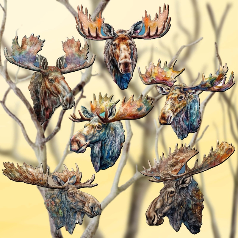 Majestic Moose Decorative Wooden Clip-on Ornaments Set of 6 by G. Debrekht – Wildlife Decor – 8090108C-S6