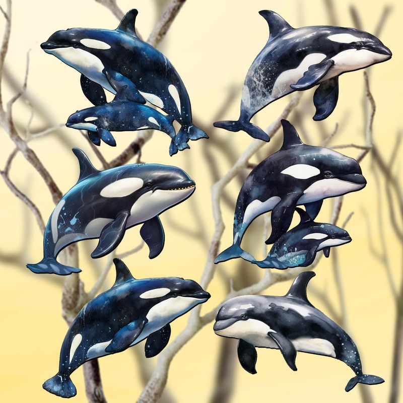Majestic Orcas Decorative Wooden Clip-on Ornaments Set of 6 by G. Debrekht – Wildlife Decor – 8090102C-S6
