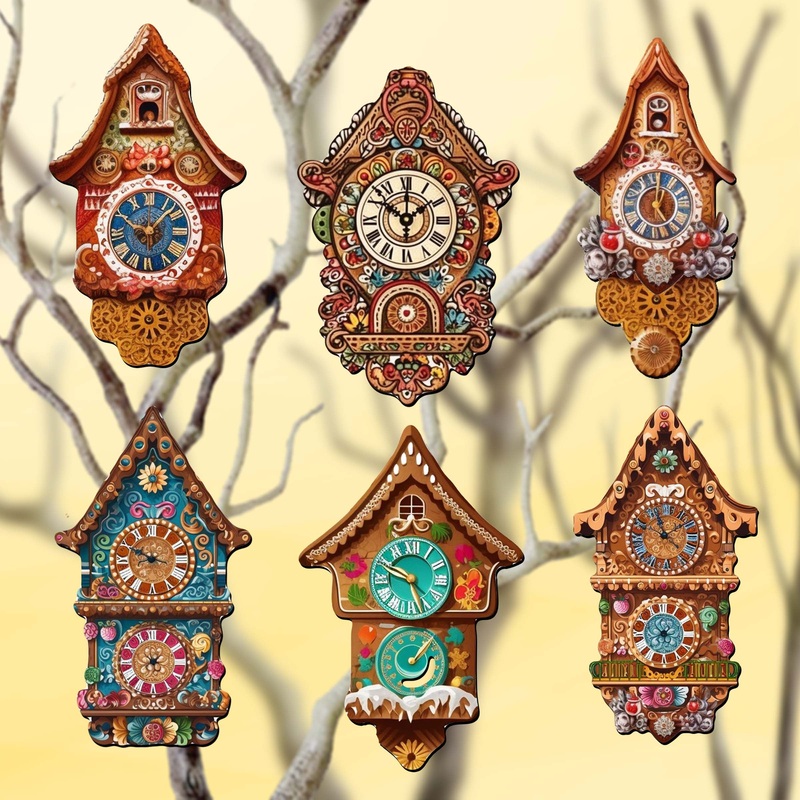 Miniature clock Decorative Wooden Clip-on Ornaments Set of 6 by G. Debrekht – Christmas Decor – 8090020C-S6