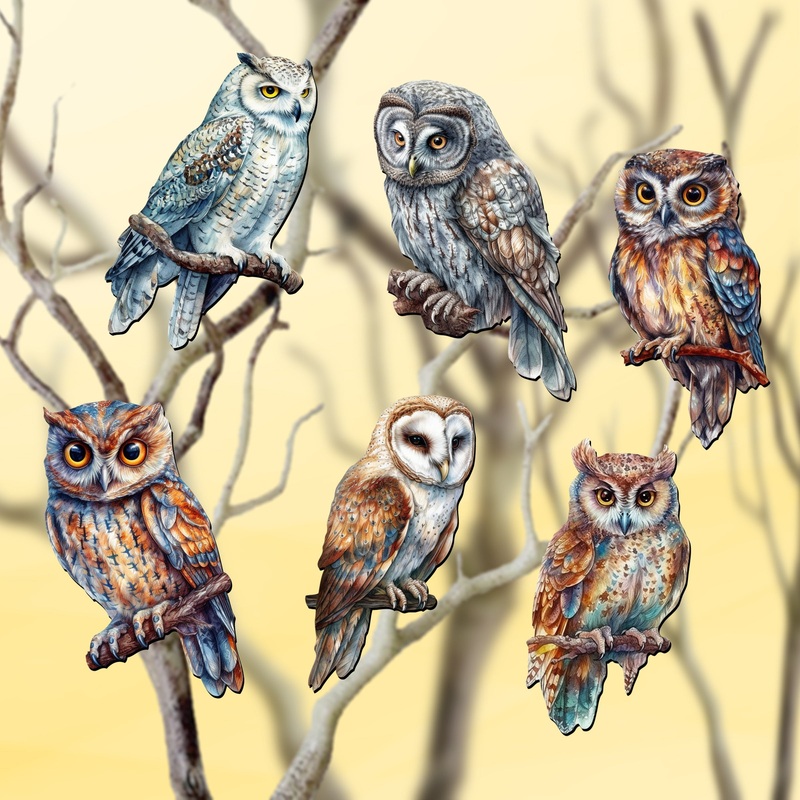 Night Owls Decorative Wooden Clip-on Ornaments of 6 by G. Debrekht – Christmas Decor – 8090004C-S6