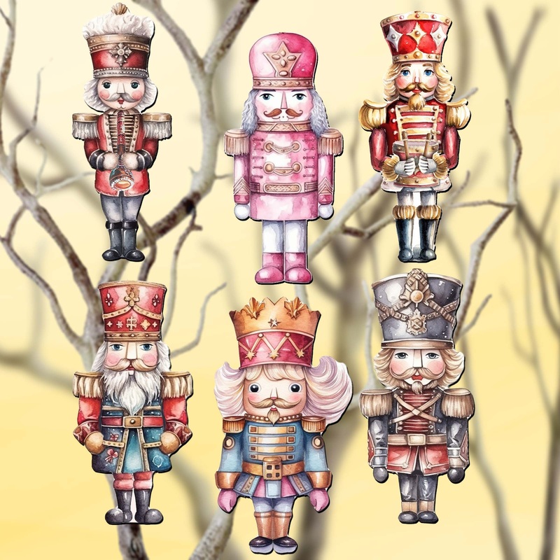 Nutcrackers Decorative Wooden Clip-on Ornaments of 6 by G. Debrekht – Christmas Decor – 8090008C-S6
