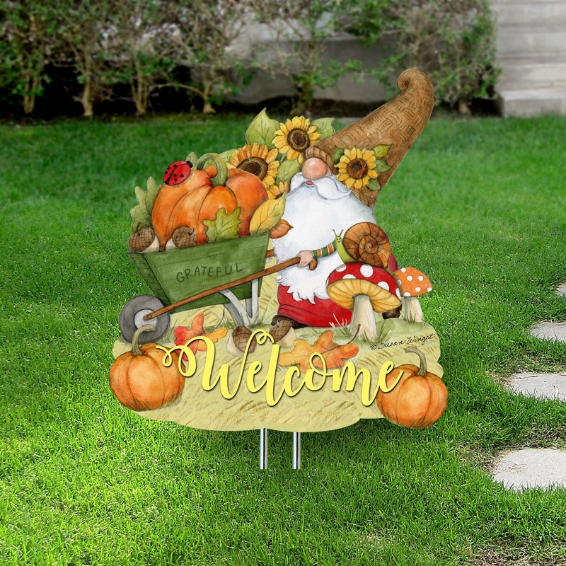 Outdoor Garden Stakes Fall Decoration – Harvest Gnome Welcome Sign – Wheelbarrow Cornucopia – Handmade Gift – Autumn Adornment – Wooden Ornament by Susan Winget – 8471207M-SW