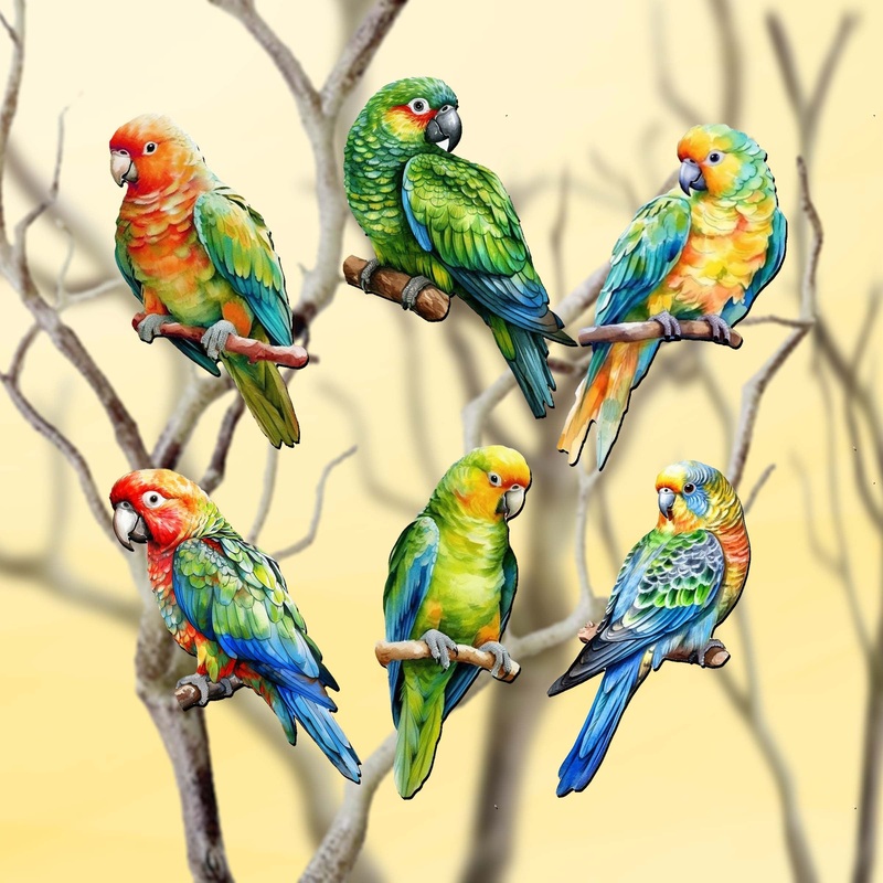 Parrots Decorative Wooden Clip-on Ornaments of 6 by G. Debrekht – Christmas Decor – 8090013C-S6