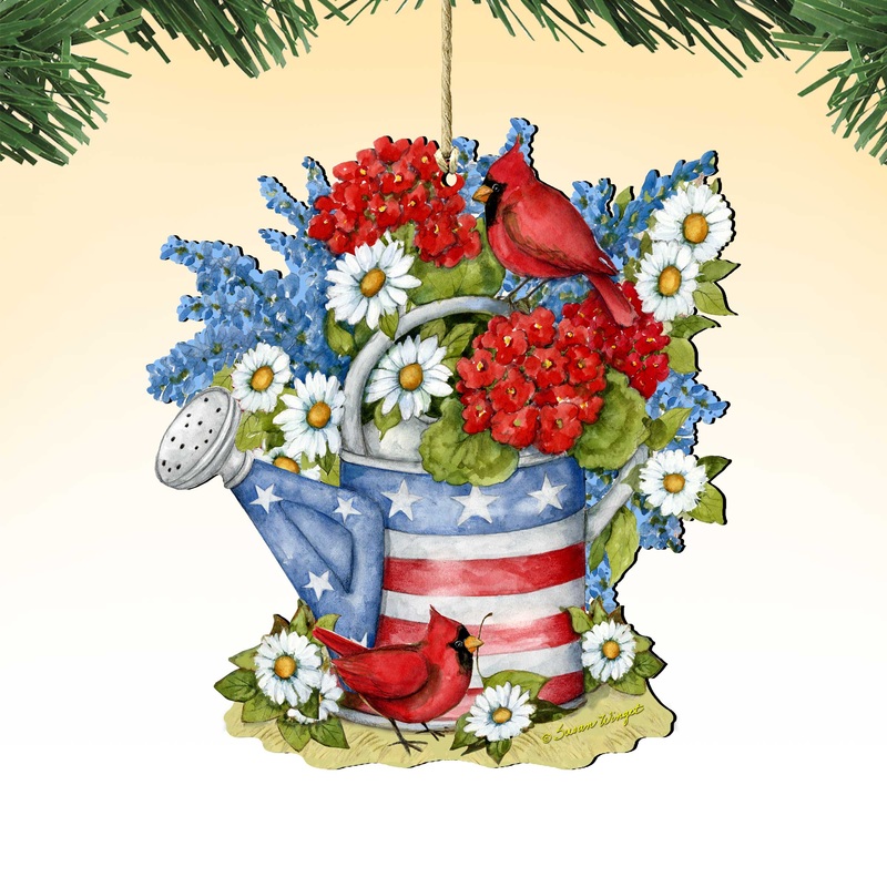 Patriotic Decoration American Watering Can – Flowerpot Ornament – Handmade Gift Rustic Adornment – Wooden Ornament by Susan Winget – 8471212-SW