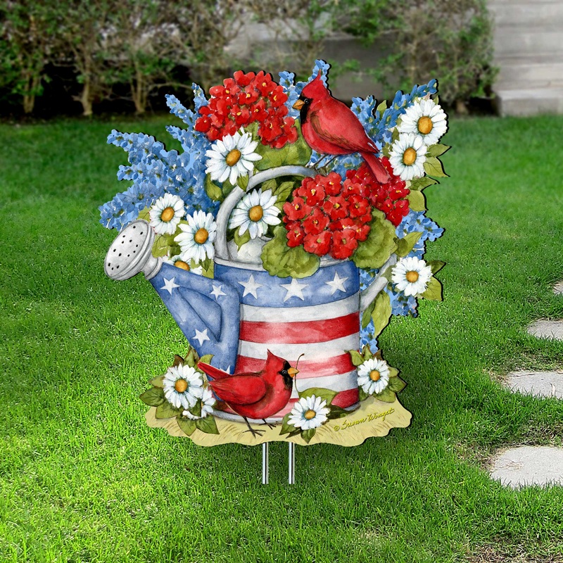 Patriotic Outdoor Garden Decor – American Watering Can Stakes – Front Yard Red and Blue Pot – Flowerpot Sign by Susan Winget – Handmade Gift – Rustic Adornment – 8471212M-SW