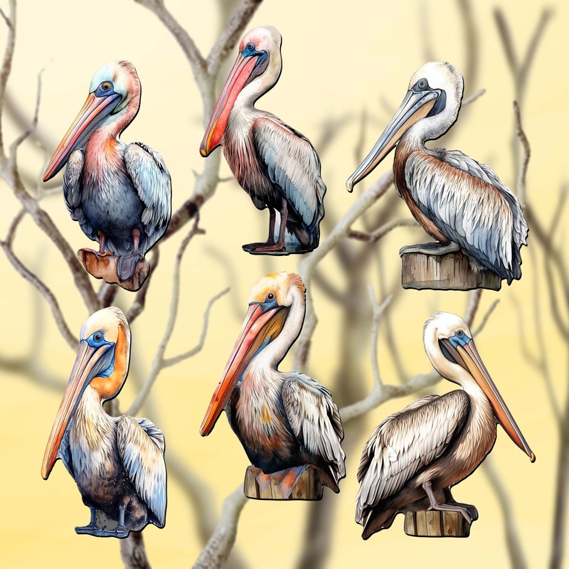 Pelicans Decorative Wooden Clip-on Ornaments of 6 by G. Debrekht – Christmas Decor – 8090014C-S6