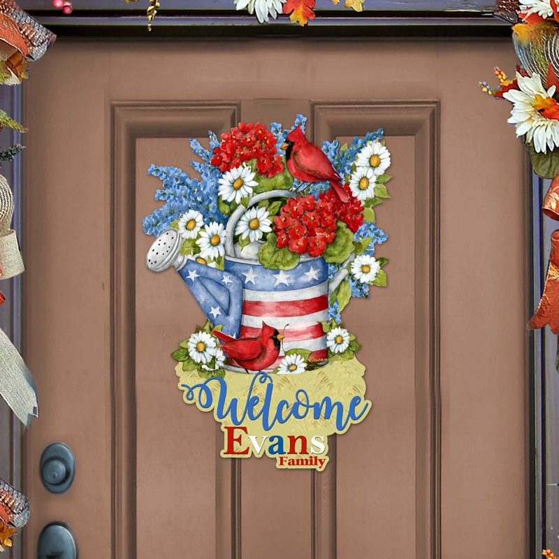 Personalized Custom Front Door Sign Patriotic Decoration with American Watering Can Family Name Welcome Sign Handmade Gift Rustic Adornment for Wooden Front Porch Decor by Susan Winget – 8471212HC-SW