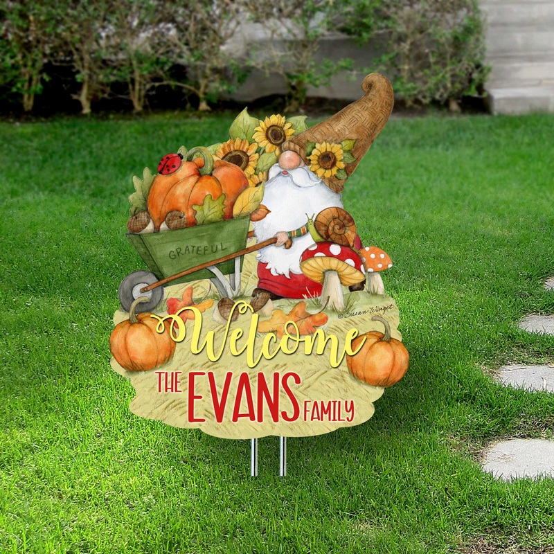 Personalized Outdoor Garden Stakes Fall Decoration – Custom Harvest Gnome Welcome Sign – Wheelbarrow Cornucopia – Handmade Gift – Thanksgiving Decor by Susan Winget – 8471207MC-SW