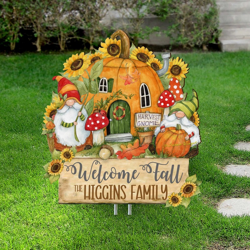 Personalized Outdoor Garden Stakes Fall Decoration – Custom Welcome Fall Backyard Decor by Susan Winget – Gnomes House – Handmade Gift 8471209MC-SW
