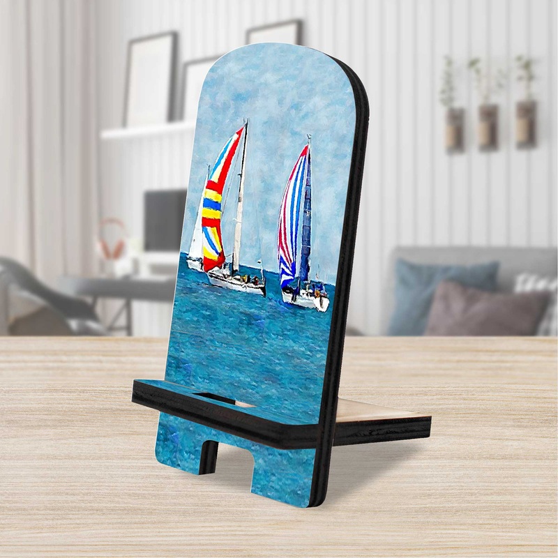 Sail Boats Cell Phone Stand Coastal Decor Wood Mobile Tablet Holder Charging Station Organizer – 892042