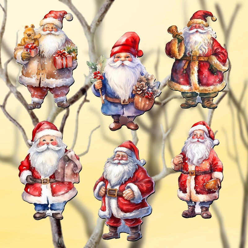 Santa Decorative Wooden Clip-on Ornaments of 6 by G. Debrekht – Christmas Decor – 8090009C-S6
