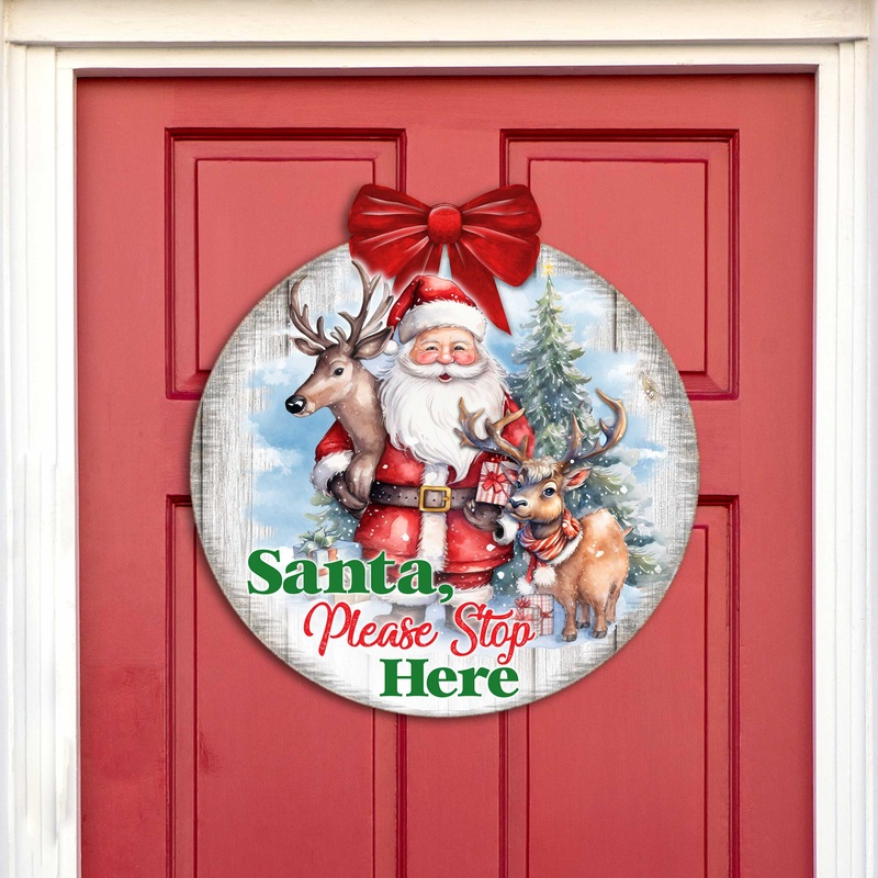 Santa Please Stop Here Sign Front door welcome sign Main entrance banner Welcome sign – Wooden front porch decor – 933116H