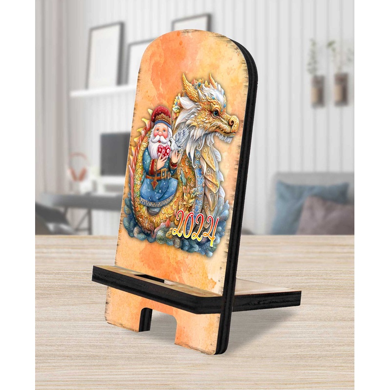 Santa with Dragon Cell Phone Stand Christmas Decor Wood Mobile Tablet Holder Charging Station Organizer – 8611088C-24