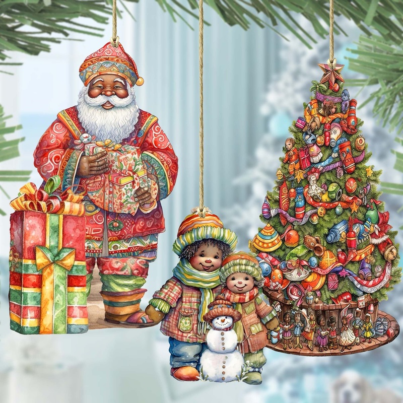 Santas Around the World – African-American Inspired Santa – Wooden Ornaments Set of 3 by G. DeBrekht Christmas Santa Snowman Decor – 8091310S3