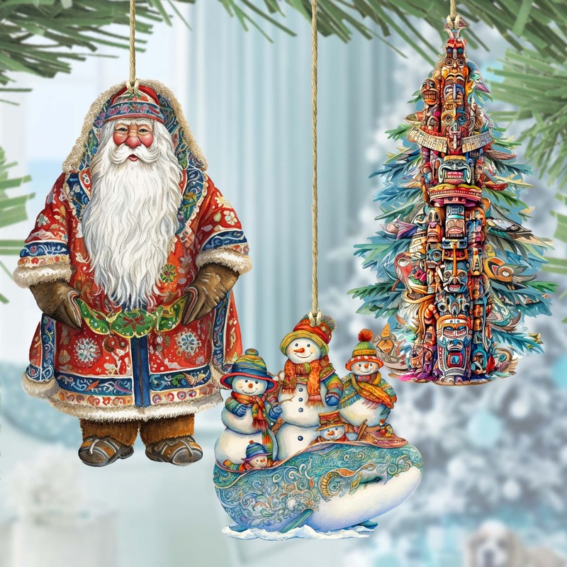 Santas Around the World – Alaskan Inspired Santa – Wooden Ornaments Set of 3 by G. DeBrekht Christmas Santa Snowman Decor – 8091314S3