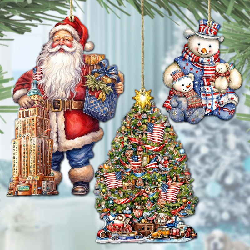 Santas Around the World – American Inspired Santa – Wooden Ornaments Set of 3 by G. DeBrekht Christmas Santa Snowman Decor – 8091301S3