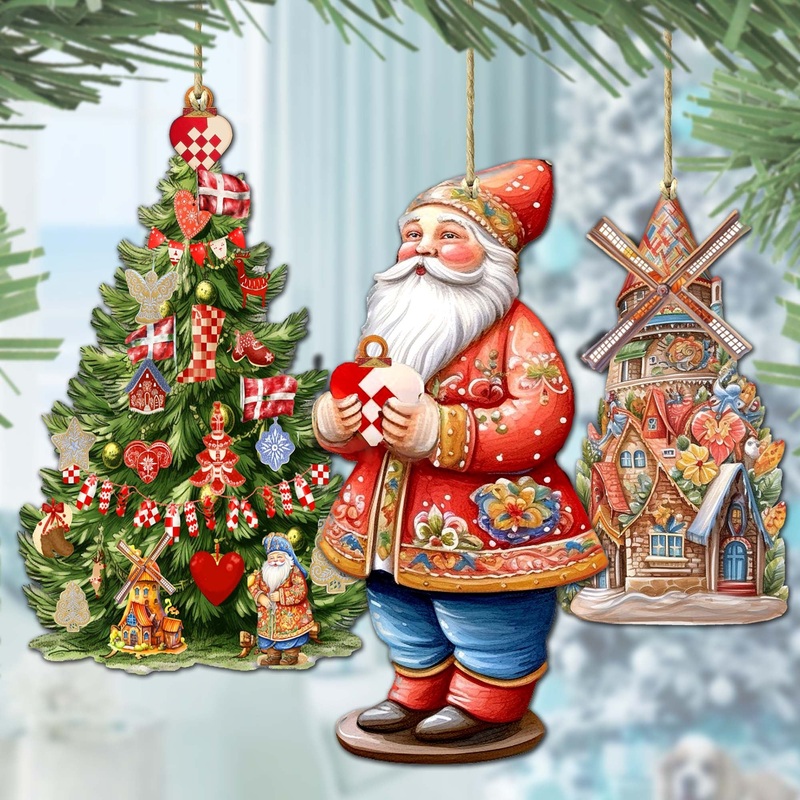 Santas Around the World – Danish Inspired Santa – Wooden Ornaments Set of 3 by G. DeBrekht Christmas Santa Snowman Decor – 8091302S3