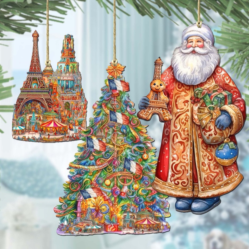 Santas Around the World – French Inspired Santa – Wooden Ornaments Set of 3 by G. DeBrekht Christmas Santa Snowman Decor – 8091303S3