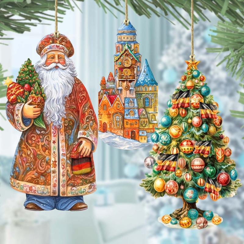 Santas Around the World – German Inspired Santa – Wooden Ornaments Set of 3 by G. DeBrekht Christmas Santa Snowman Decor – 8091304S3