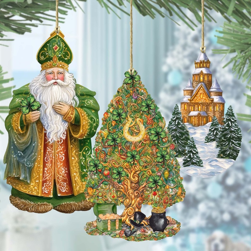 Santas Around the World – Irish Inspired Santa – Wooden Ornaments Set of 3 by G. DeBrekht Christmas Santa Snowman Decor – 8091306S3
