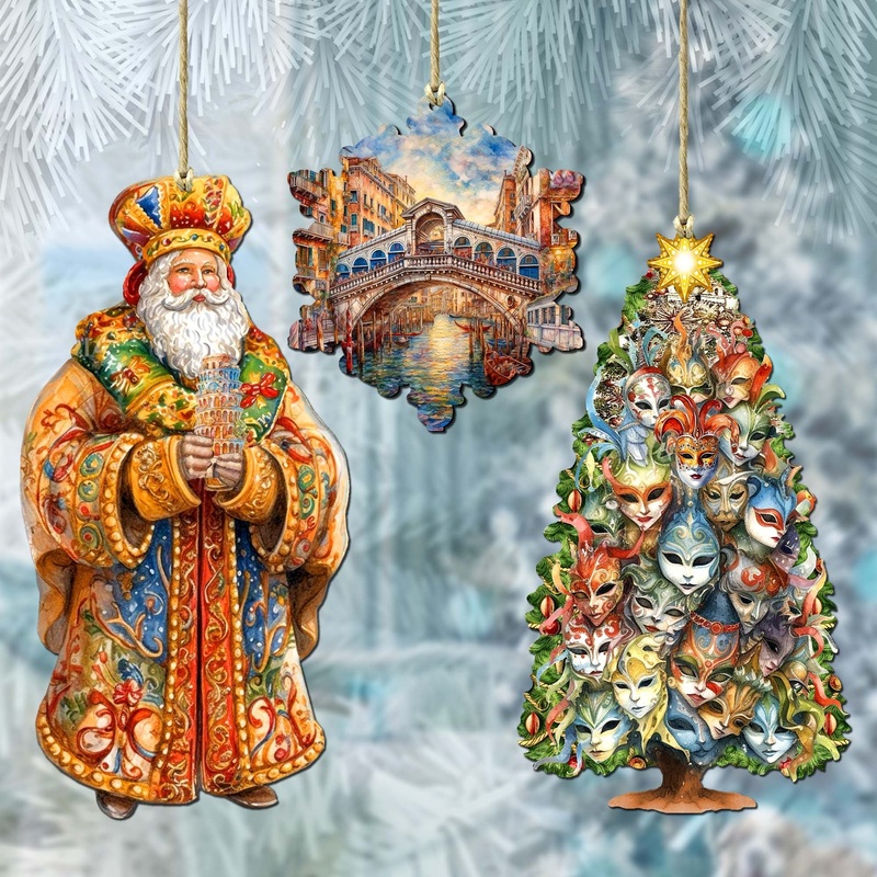 Santas Around the World – Italian Inspired Santa – Wooden Ornaments Set of 3 by G. DeBrekht Christmas Santa Snowman Decor – 8091307S3