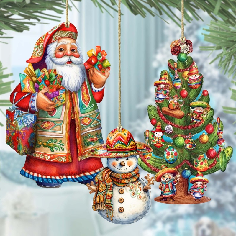 Santas Around the World – Mexican Inspired Santa – Wooden Ornaments Set of 3 by G. DeBrekht Christmas Santa Snowman Decor – 8091308S3
