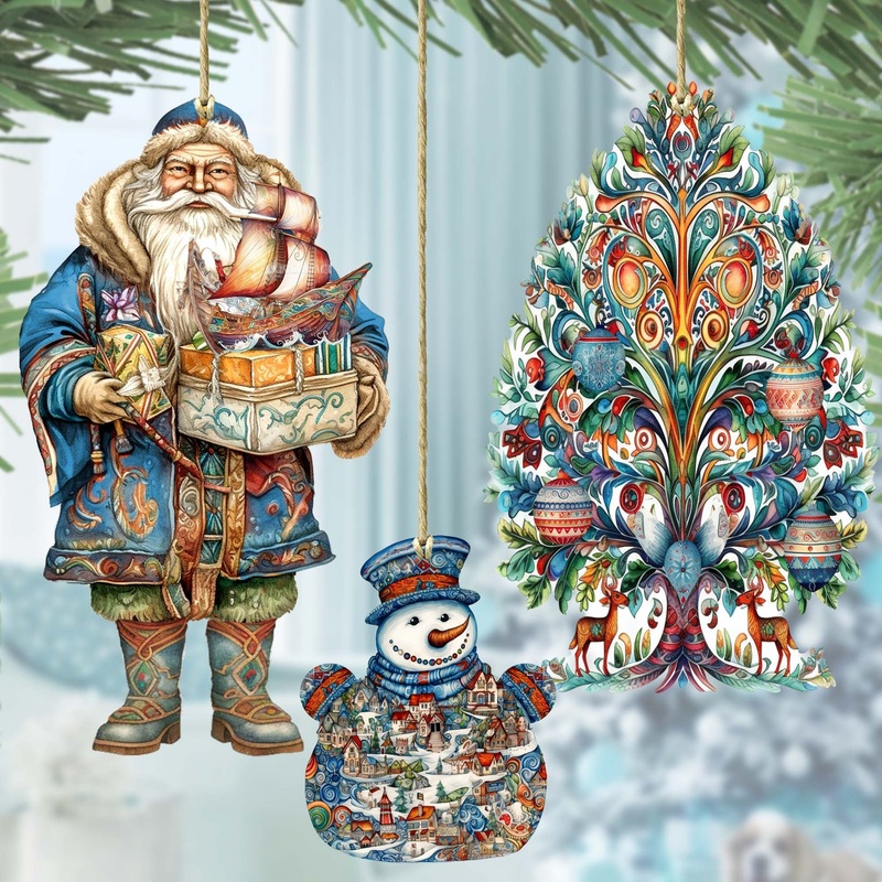 Santas Around the World – Nordic Inspired Santa – Wooden Ornaments Set of 3 by G. DeBrekht Christmas Santa Snowman Decor – 8091312S3