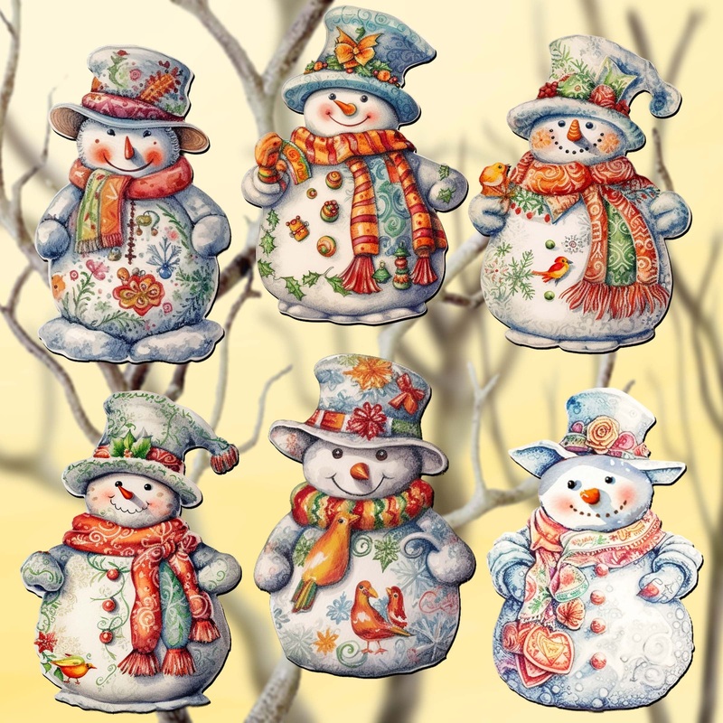 Snowman Decorative Wooden Clip-on Ornaments Set of 6 by G. Debrekht – Christmas Decor – 8090023C-S6