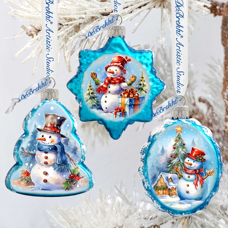 Snowmen Mercury Glass Ornaments Set of 3 by G. Debrekht – Christmas Santa Snowman Decor – 770148S3